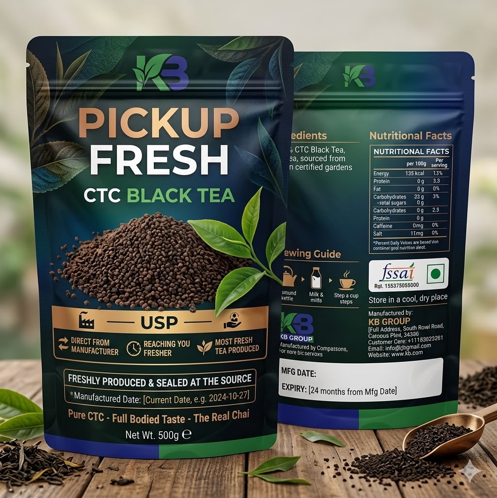 Pickup Fresh CTC Black Tea 500 g pack, front and back